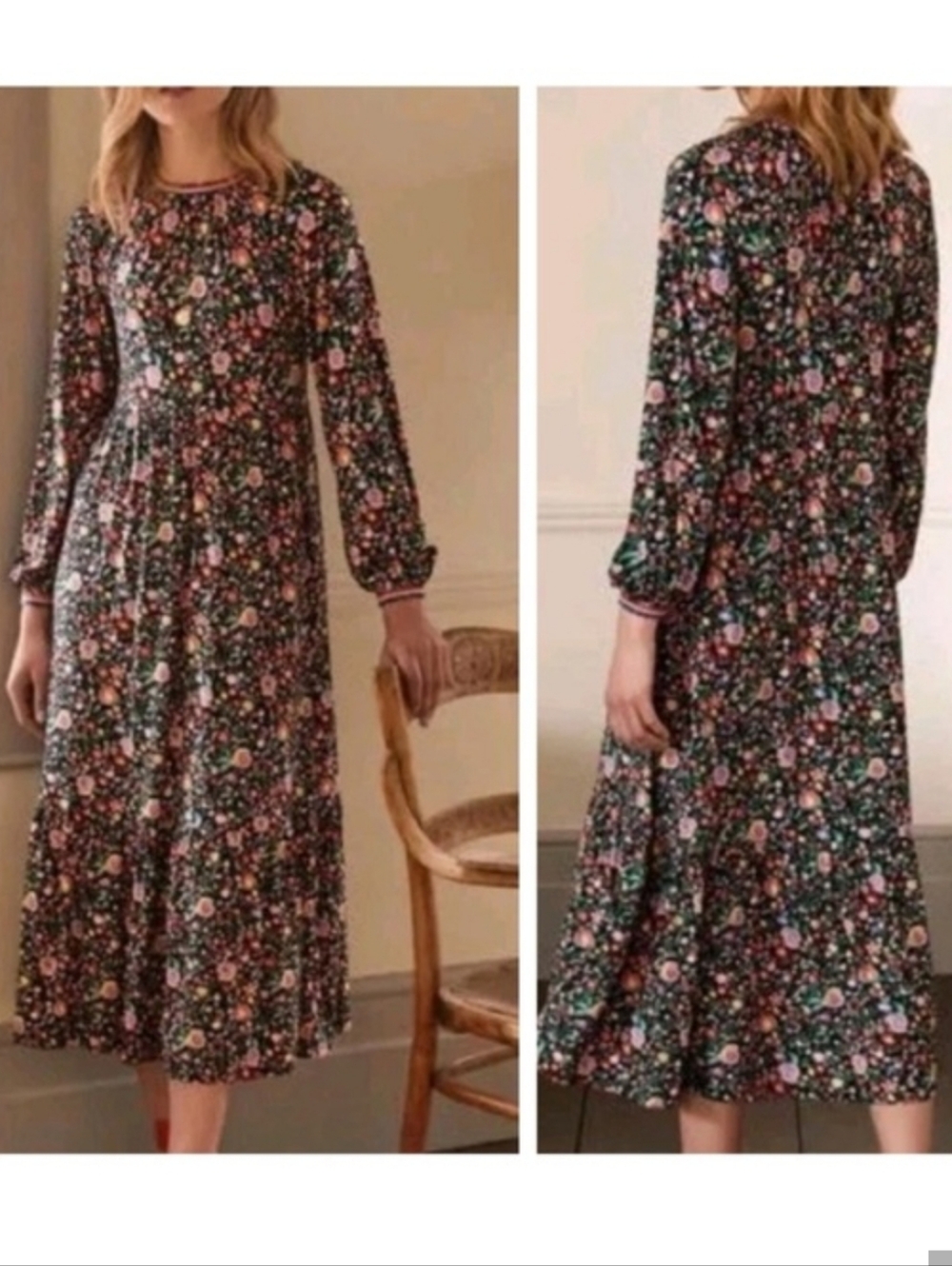 BODEN Emma Jersey long sleeve Midi Dress Black floral sz 8